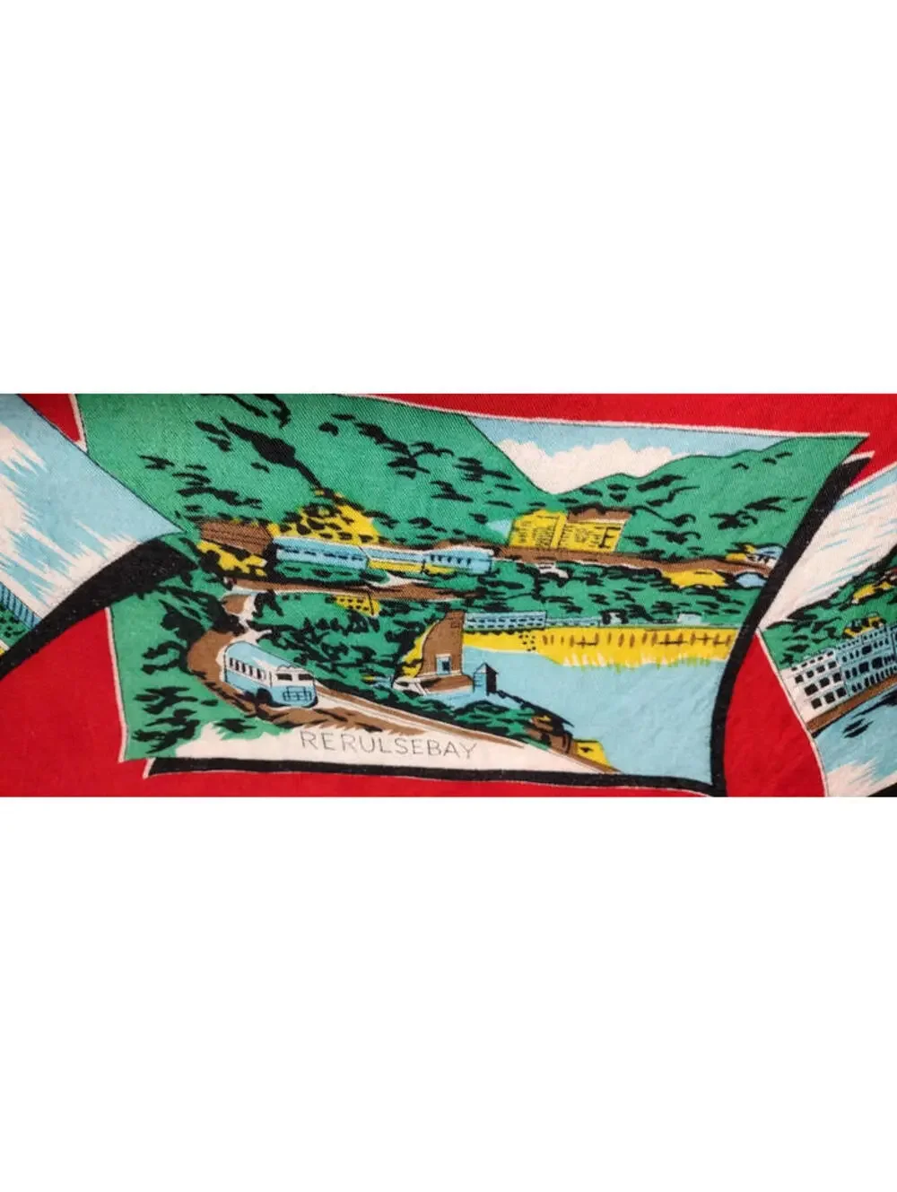 Vintage 1940s 50s Green Dragon Scarf HONG KONG Bably Blue Chinese Red Landscapes